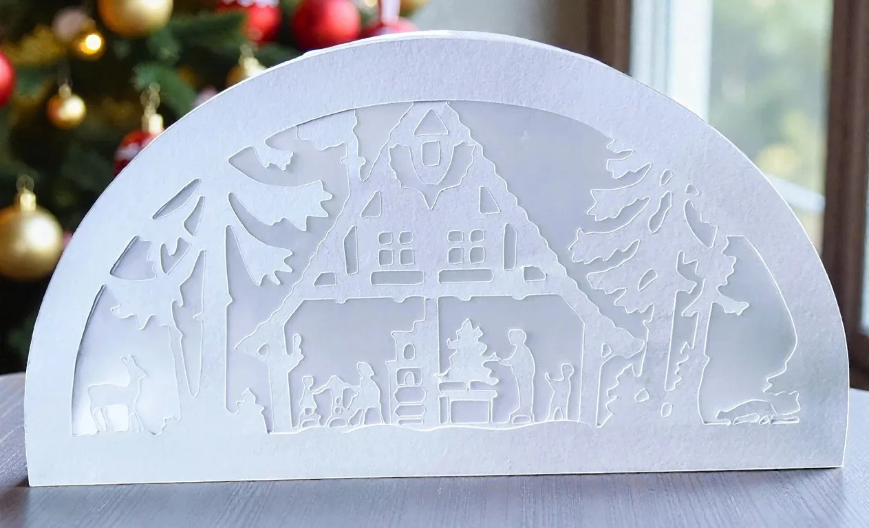 Leuchtbogen aus weißem Papier mit Waldhütte, Bäumen und Figuren, hinterleuchtet.