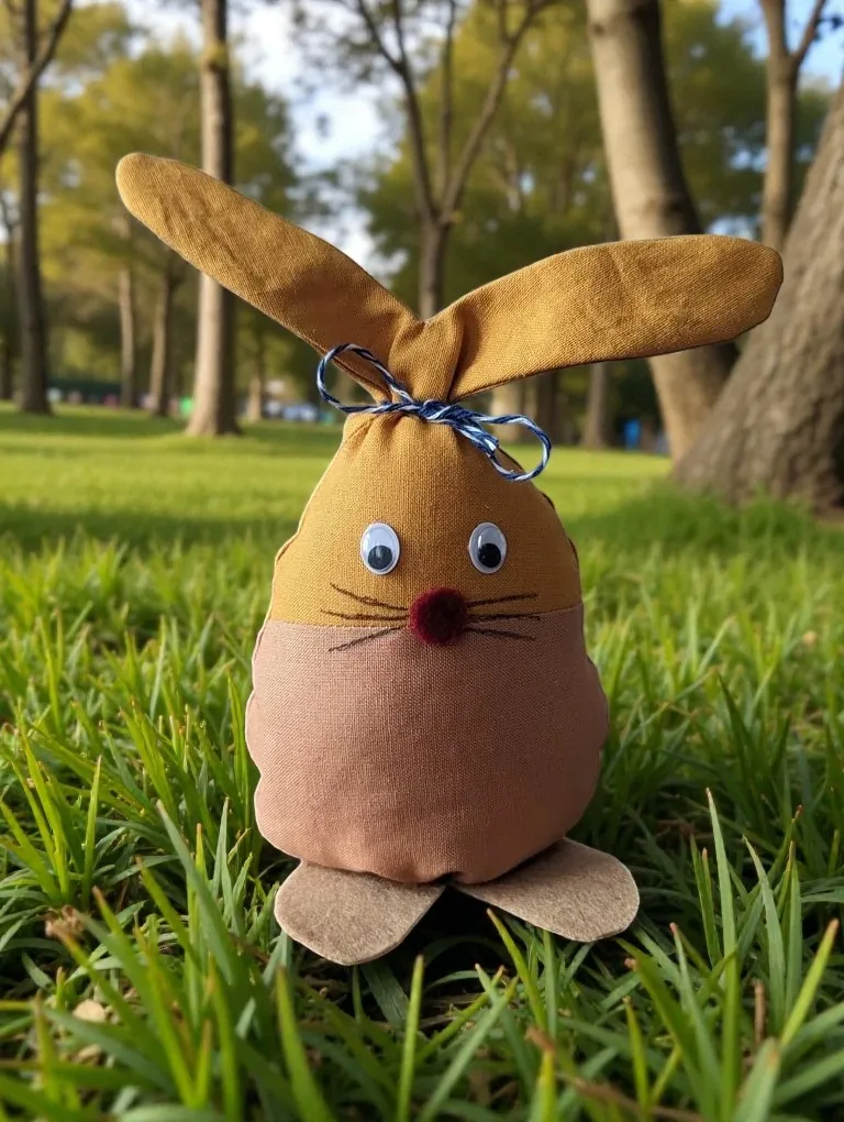 Osterdeko 'Osterhase' in Beige und Braun, genäht aus Baumwolle, auf Wiese