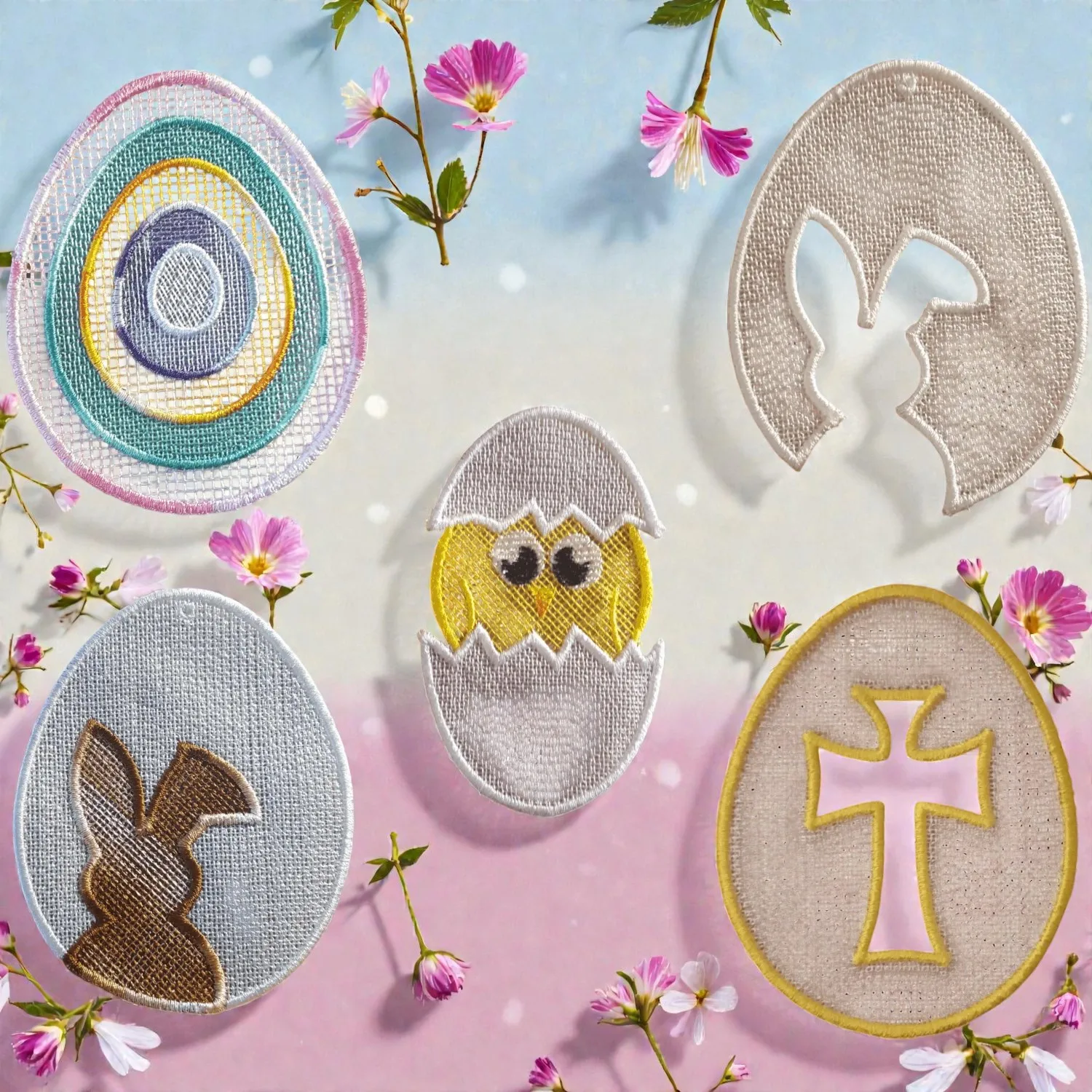 Gestickte Osteraufhänger mit Hase, Kreuz und bunten Eiformen auf Leinenstoff, umgeben von Blüten.