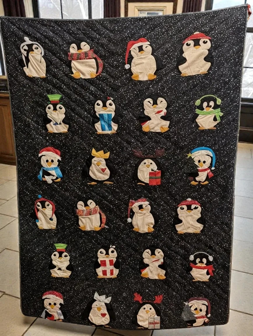 Quilt mit Pinguin-Motiven, Schwarz, Weiß, Rot, Baumwolle