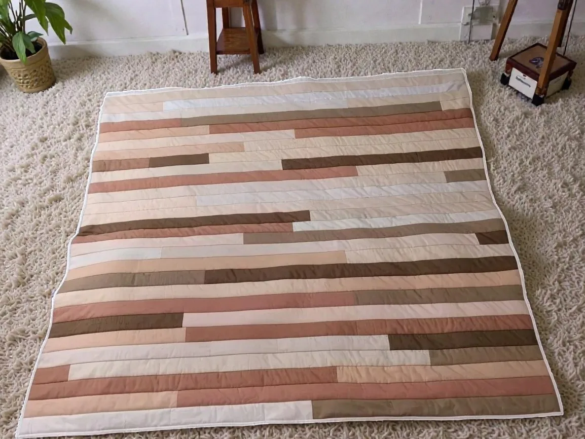 Quilt mit geometrischem Streifenmuster, Beige- und Brauntöne, aus Baumwolle