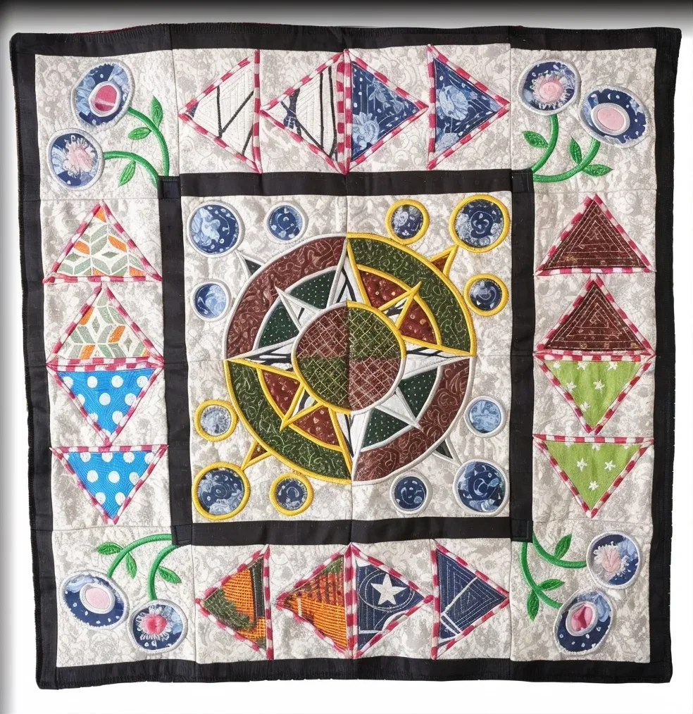 Tischdecke mit geometrischem Muster in Rot, Blau und Grün auf Baumwolle