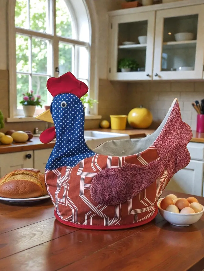 Eierkorb-Huhn aus Baumwollstoff in Rot und Blau, mit gepunktetem Kopf und geometrischen Mustern, auf Tisch