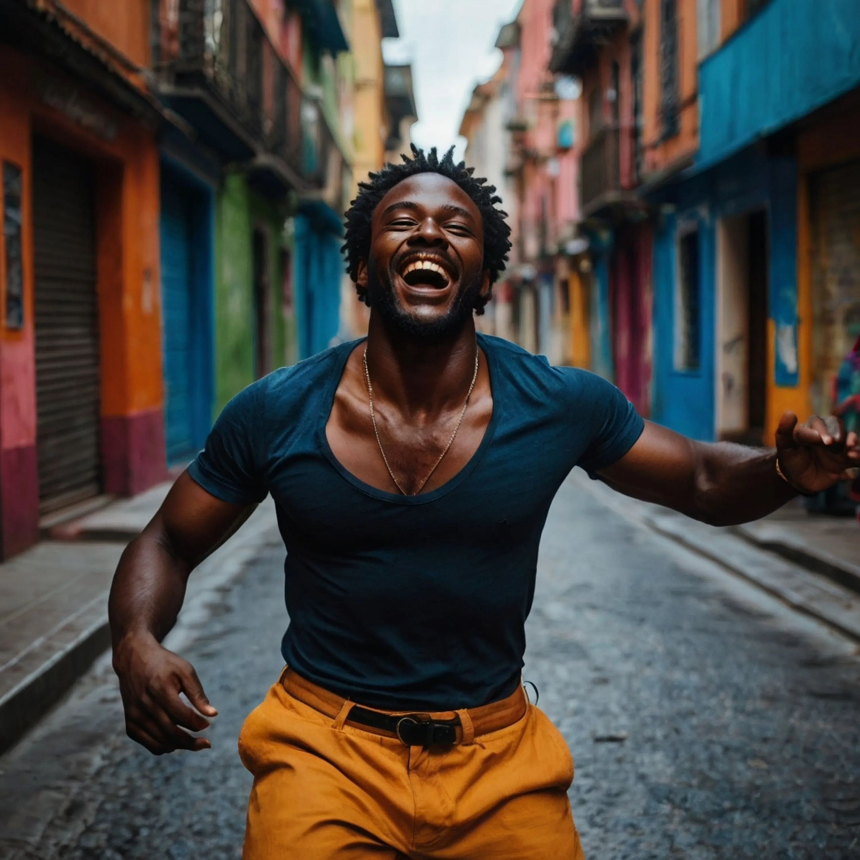 Single-Cover mit lachendem Mann in bunter Stadtstraße, lebhafte Farben, fotorealistisch