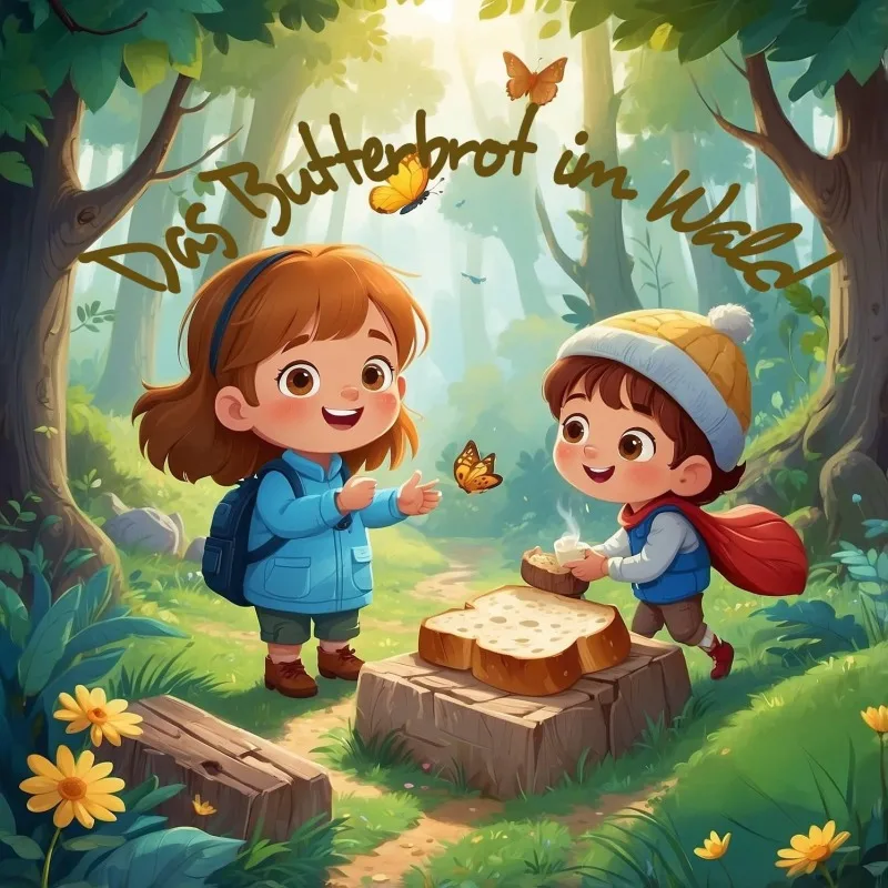 Single-Cover zeigt zwei Kinder im Wald mit Butterbrot und Schmetterlingen, Titel oben in handgeschriebener Schrift