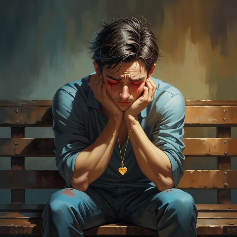 Single-Cover mit gemaltem Mann auf Bank, Kopf in Händen, in Blau- und Brauntönen