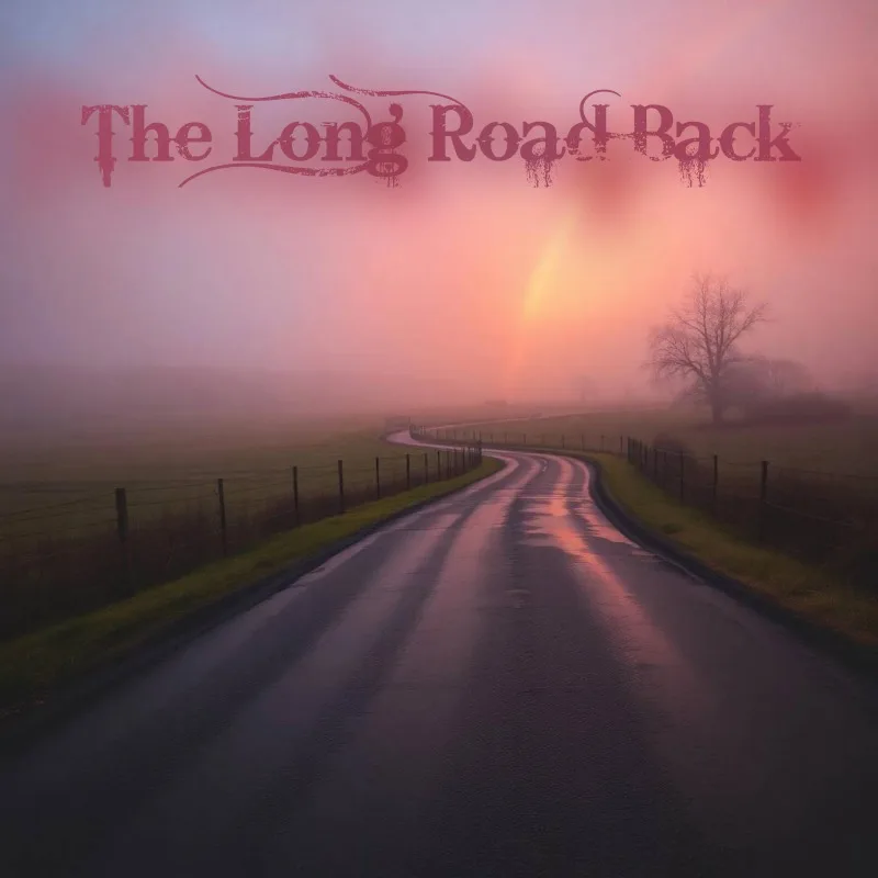 Album-Cover mit nebliger Landstraße im Sonnenaufgang, dominierende Rosa- und Lilatöne, Text 'The Long Road Back'.