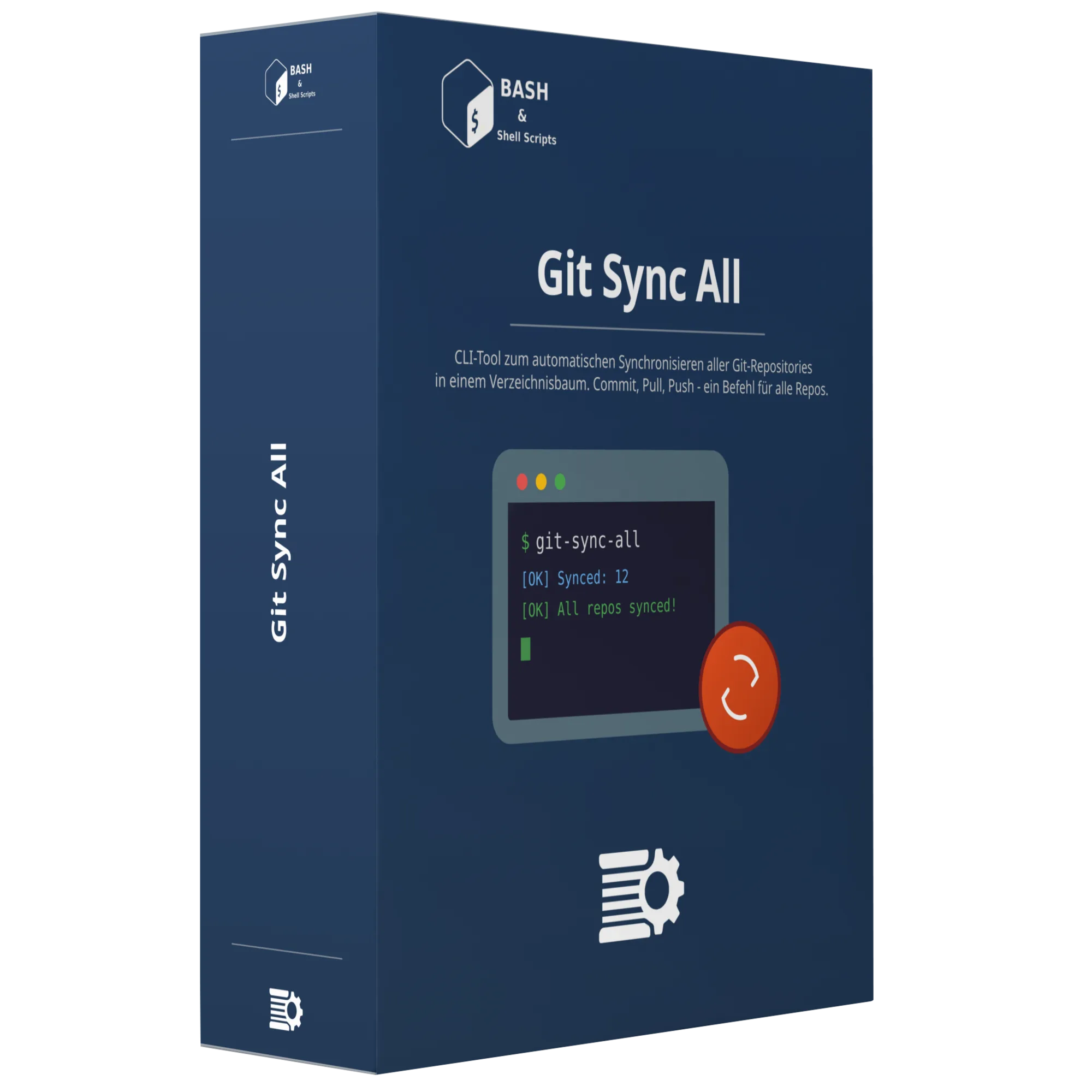 Produktbox in blau mit MMKreativ Logo und Icon des git-sync-all Produkts
