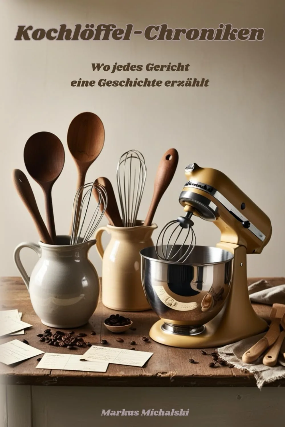 Buchcover mit Küchenutensilien und Mixer in Brauntönen, Titel oben