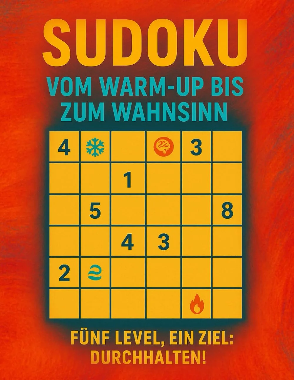 Buchcover mit rotem Hintergrund, Sudoku-Gitter in der Mitte, gelber Text oben und unten.