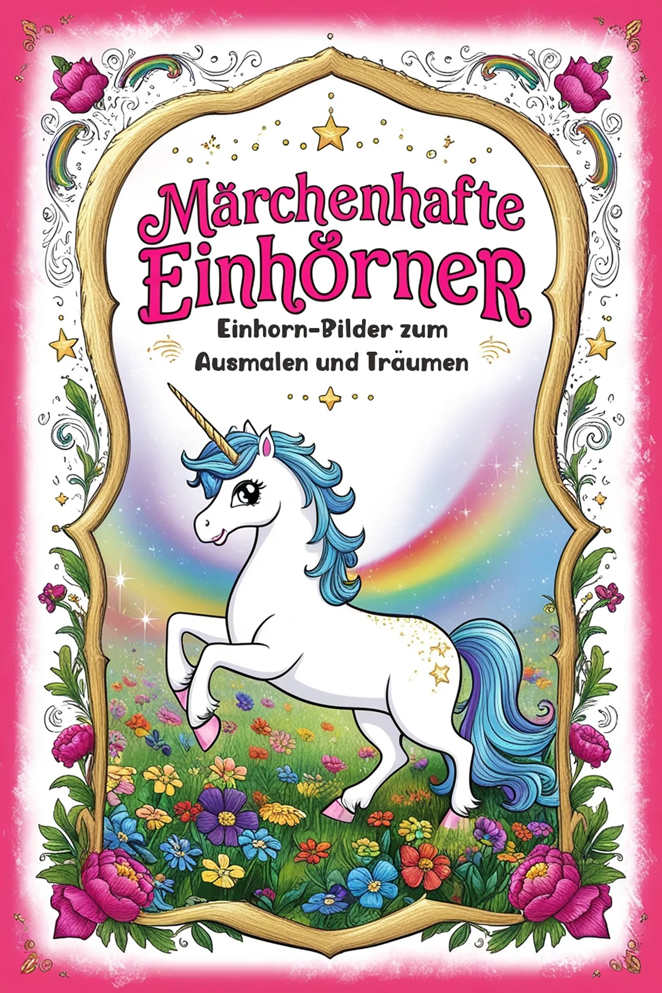 Buchcover mit Einhorn-Illustration, Regenbogen und Blumen, Titel oben in Rot und Lila
